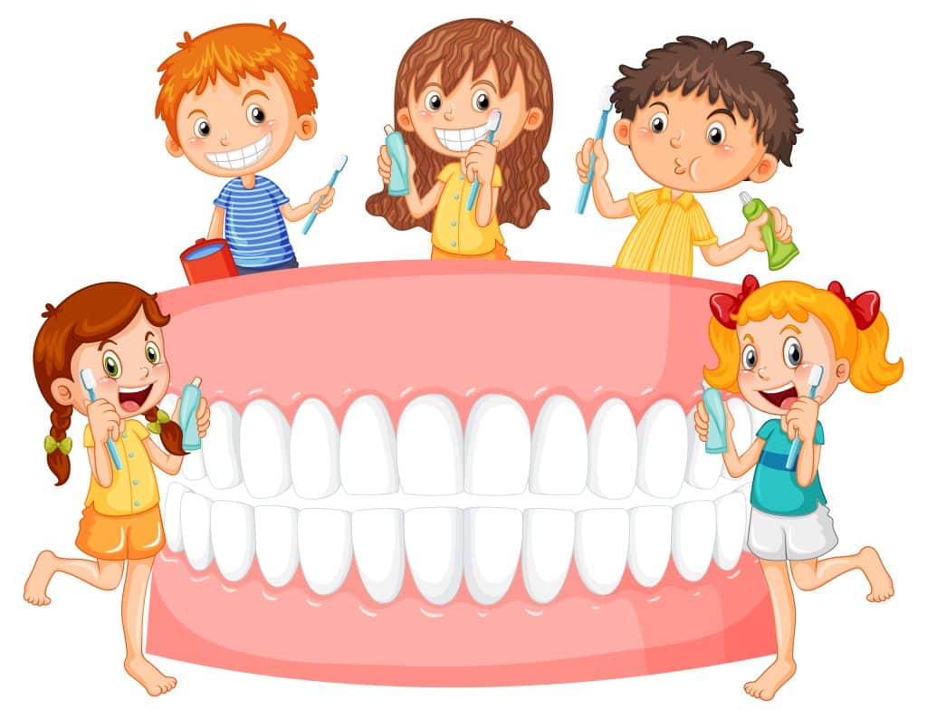 Illustratie van kinderen die hun tanden poetsen rond een groot melkgebit, met tandenborstels en tandpasta als voorbeeld van goede mondverzorging bij kinderen.