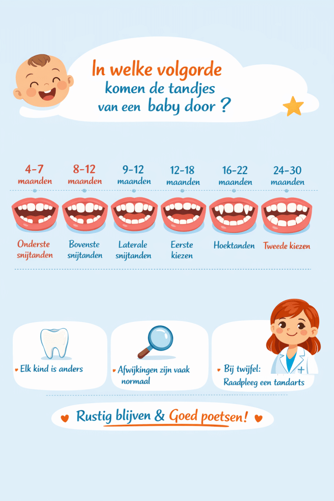 Infographic met de doorkomen tandjes volgorde bij baby’s, met leeftijd in maanden en welke melktanden eerst doorbreken.